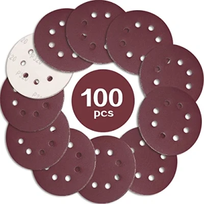 Afbeelding van STEBRUAM Schuurpapier 125 mm klittenband schuurschijven, korrel, P320, 8 gaten, in rood rond schuurpapier, excentrische schuurmachine mengkorrel voor hout, metaal, verschillende korrels naar