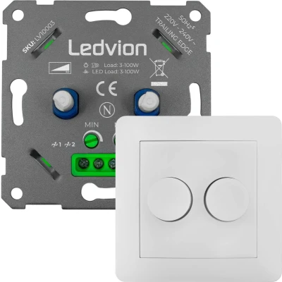 Afbeelding van Ledvion Led Dimmer Voor Twee 3 keer 100 Watt, Universele Incl. Afdekplaat, Inbouw, Schakelaar, Afdekraam, Dimmer+ Duo