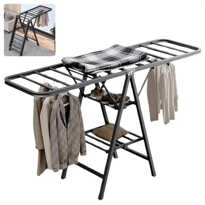 Afbeelding van Cheqo® Luxe Inklapbaar Droogrek Droogtoren Verstelbare Vleugels 7 Meter Drooglengte Stalen Constructie Zwart