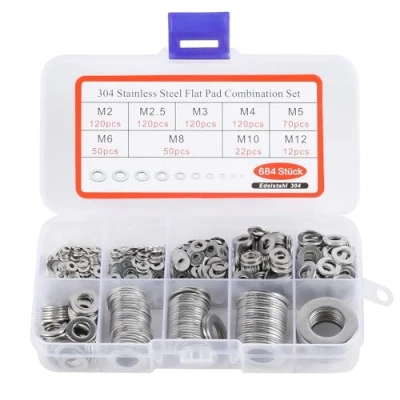 Afbeelding van BASVII 684 stuks metalen sluitringen, sluitringen voor deurscharnieren, platte van roestvrij staal 304, roestvrijstalen sluitring, 9 maten, M2, M2,5, M3, M4, M5, M6, M8, M10, M12,