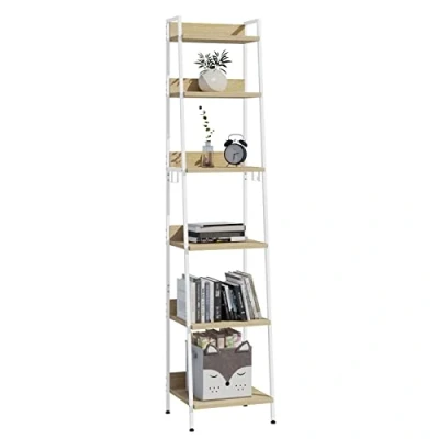 Afbeelding van WOLTU RGB30whe Ladderrek, boekenkast, 6 niveaus, met 4 afneembare haken, industriële stijl, vintage, metalen frame, plank, MDF, wit, 41 x 187 36 cm