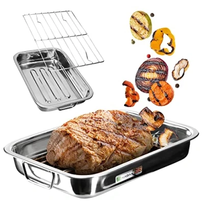 Afbeelding van KADAX braadpan met roestvrijstalen rooster, vierkante pan inzetstuk, in 4 verschillende maten, ovenrooster, ovenvorm (35 x 26 6 cm, zilver)