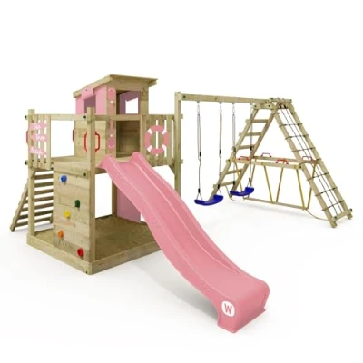 Afbeelding van WICKEY speeltoestel klimtoestel Smart Surf met schommel &amp; pastelroze glijbaan, outdoor klimtoren voor kinderen zandbak, ladder speelaccessoires de tuin