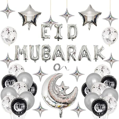 Afbeelding van Zilveren Eid Mubarak ballonnen, aluminium ballonbanner van latex, perfect voor ramadan feestdecoraties, feestdecoratieaccesoires