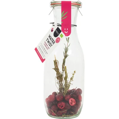 Afbeelding van Pineut ® Watertwist Tafelwater Cranberry, Kers &amp; Rozemarijn BIO Waterkaraf met deksel Waterkan Glas 1L Orginineel cadeau Water een smaakje Hervulbaar Gezond Gezellig genieten