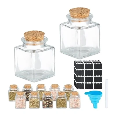 Afbeelding van Relaxdays vierkante kruidenpotjes kurken deksel 50 ml glazen potjes keukenpotjes Pak van 12