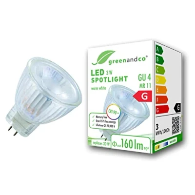 Afbeelding van greenandco® CRI 90+ led spot, GU4, MR11, 3 W, komt overeen met 20 160 lm, 3000 K, warm wit, 38 graden, 12 V AC/DC, geen flikkeren, niet dimbaar