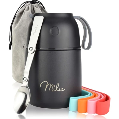 Afbeelding van Logeeyar Thermo voedselcontainer, geïsoleerd,450 ml 650 800 warme maaltijd, van roestvrij staal, dubbellaags, voor school, kantoor met een opvouwbare lepel (450 ml/zwart)