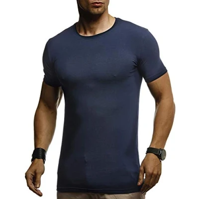 Afbeelding van Leif Nelson Heren Zomer T Shirt Ronde Hals Slim Fit Katoen Wit Zwart Basic Korte Mouw Lange Mouwen LN8314, Blauw