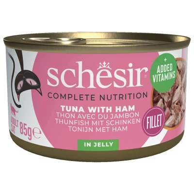 Afbeelding van Schesir Kat Blik Gelei Vis 85 g Kattenvoer Tonijn&amp;Ham