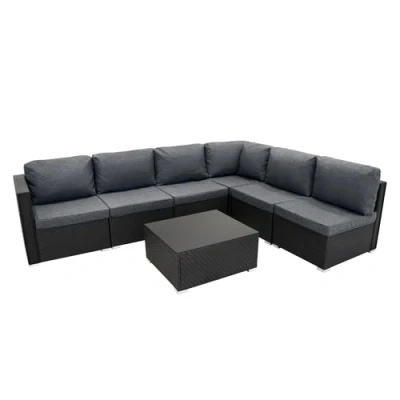 Afbeelding van Rotan Modulaire Tuinmeubelen Loungeset 7 Delige Set Serafina Zwart 5 Zits Zitbank Sectionele Stoelen met Kussens Salontafel Glazen Blad UV Beschermd Wasbaar Waterdichte Hoes Buiten Terras Serre