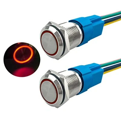 Afbeelding van Aiqeer 2 stuks 16 mm drukknopschakelaar, 12 V/24 V 5 A, drukknopschakelaar van roestvrij staal, waterdicht IP67, met voorbedrade stekker (rode led)