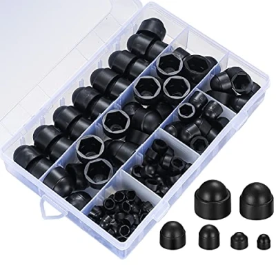 Afbeelding van 145 stuks schroefdoppen en moeren, kunststof doppen voor schroeven bescherming M4, M5, M6, M8, M10, M12, zwarte moeren