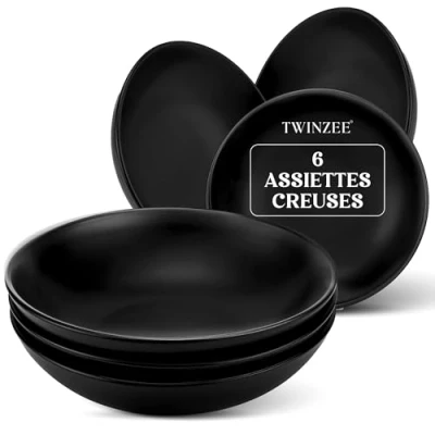Afbeelding van Twinzee Soepborden van aardewerk, zwart, set 6 borden, tafelservies, magnetron en vaatwasmachinebestendig, elegant servies tafelgerei