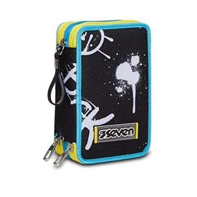 Afbeelding van Seven Abstract Greffity Boy Pennenetui voor basisschool, 3 vakken, zwart, inhoud 44 stuks, compleet met potloden, pennen enz., één maat, school, Schwarz., School