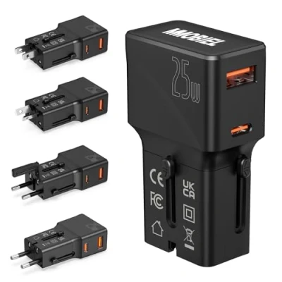 Afbeelding van MMOBIEL Universele Reisadapter 25W All in One Wereldwijd Reisstekkeradapter Internationale Stopcontactadapter met USB C en A 18W Oplaadpoorten voor VS, UK, EU, AUS, CN, JP Pocketformaat