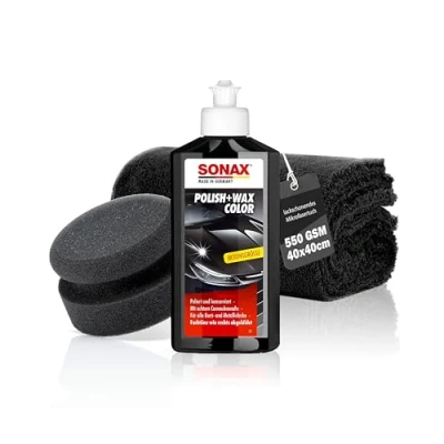 Afbeelding van Sonax Polish &amp; Wax Color Auto Polijstset 250 ml + polijstspons polijstdoek Polijstpasta voor gekleurde en metaallak het verwijderen van kleine krassen