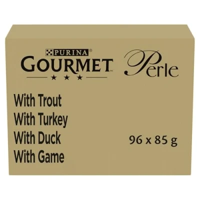 Afbeelding van 96x85g Forel, Kalkoen, Eend, Wild in Gelei Gourmet Perle Kattenvoer