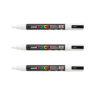 Afbeelding van POSCA Mitsubishi Pencil PC3M Markers, wit, 3 stuks, conische punt, fijne verfmarker op waterbasis, alle ondergronden, voor papier, textiel, glas, kiezelsteen, hout, enz.