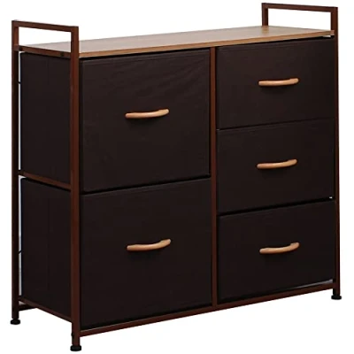 Afbeelding van BAKAJI Stoffen commode met 5 laden, metalen frame en MDF bovenkant, veelzijdig ruim, ideaal voor entree, slaapkamer, woonkamer, 77,5 x 83 29 cm (bruin)