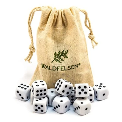 Afbeelding van Waldfelsen® Set van 6, 12, 20, 30 of 50 stuks hoogwaardige acryl dobbelstenen, standaardformaat 16 mm, 6 zijdige speeldobbelstenen, speelaccessoires met stoffen tas (wit, 12 stuks)