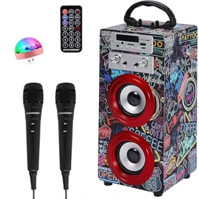Afbeelding van DYNASONIC Draagbare karaoke machine, 2 microfoons, bluetooth luidspreker, verlichting, USB en SD speler (025 21 licht)
