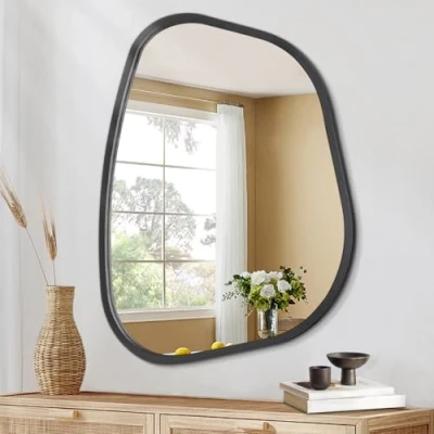 Afbeelding van Hlfmvwe Asymmetrische zwarte ovale onregelmatige wandspiegel met houten frame, moderne unieke vorm, decoratieve kunstspiegel voor woonkamer, slaapkamer, badkamer, entree, hal, groot formaat