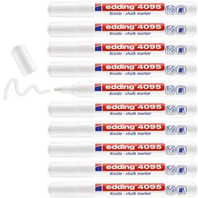 Image de edding 4095 Marqueur craie liquide blanc 10 feutres pointe ronde 2 3 mm feutre effacable pour écrire sur les vitres,le verre ardoise aux couleurs opaques