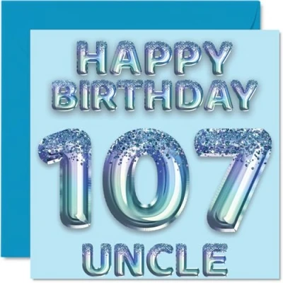 Afbeelding van Verjaardagskaart 107 jaar voor oom Blauwe glitterballonnen Verjaardagskaarten jarige van neef en nichtje, 145 mm x
