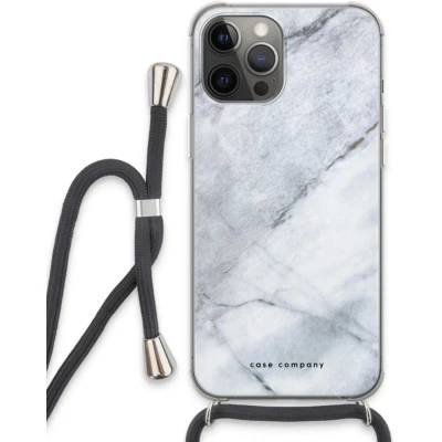 Afbeelding van Case Company® hoesje met Koord geschikt voor iPhone 13 Pro Max Witte marmer Telefoonhoesje Zwart Extra Bescherming aan alle Kanten en Over de Schermrand