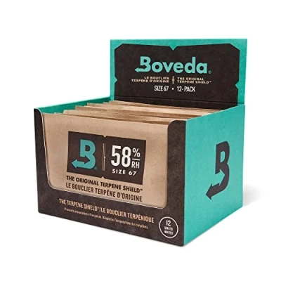 Afbeelding van Boveda voor kruidenopslag 2 weg vochtregulator bij 58% RH maat 67 maximaal 450 g bloemen voorkomt verlies van terpenen, overdrogen en schimmel kartonnen display met 12 zakjes