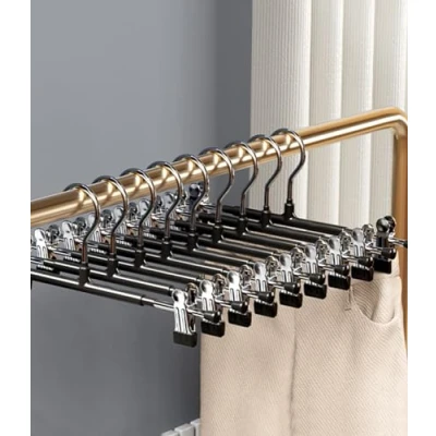 Afbeelding van 10 stuks metalen kleerhangers, broekhangers, 30 cm, met twee antislip clips, haak 360 graden draaibaar, ruimtebesparend, rokhanger voor broeken, rokken, kleding