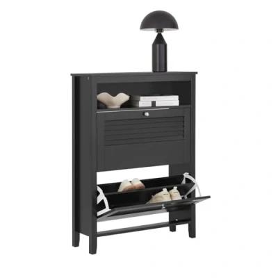 Afbeelding van SoBuy FSR152 SCH Armoire à chaussures avec 2 tiroirs rabattables Noir 80 x 25 108 cm