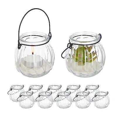 Afbeelding van Relaxdays windlicht set van 12 ronde theelichthouders hengsel binnen &amp; buiten glas