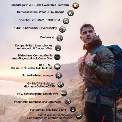 Afbeelding van Ticwatch Pro 5 Snapdragon W5+ Gen 1 Wear OS Smartwatch voor heren, 80 uur batterijduur, lange levensduur, gezondheid, fitness, ATM, waterbestendigheid, kompas, Zand, Modern