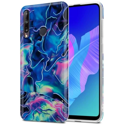 Afbeelding van Cadorabo Hoesje geschikt voor Huawei P40 LITE E in Blauw Roze marmer No. 17 Beschermhoes gemaakt van TPU siliconen Case Cover met mozaïek motief