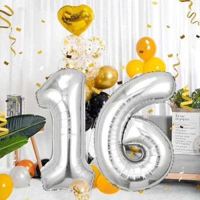 Afbeelding van Decoratieve ballon in de vorm van een cijfer 16 jaar, zilveren folieballon, voor 16e verjaardag, mannen en vrouwen, opblaasbaar, helium, verjaardagsfeest, 101 cm