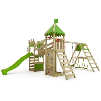 Afbeelding van FATMOOSE RiverRun Speelplaats van hout met schommel SurfSwing en appelgroene glijbaan, kinderhuis voor buiten zandbak, klimladder speelaccessoires