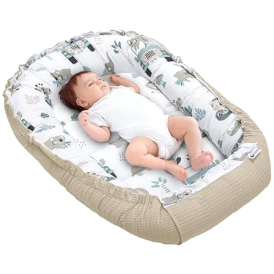 Image de Medi Partners Reducteur de Lit Bebe Réducteur Bébé 100x60x15cm Cocon et Naissance couffin Nid d&#039;ange 100% Coton Gaufre (Mint Zoo avec Gris Gaufre)