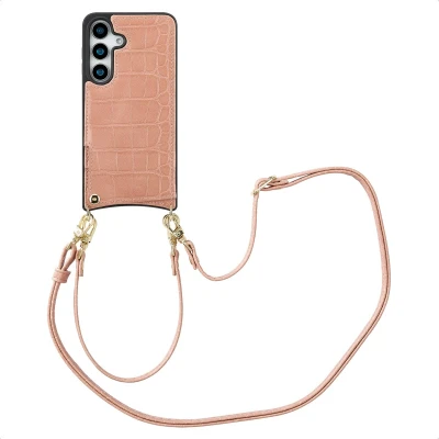 Afbeelding van Selencia Hoesje Geschikt voor Samsung Galaxy S25 met Pasjeshouder Nova Croco Backcover koord en pashouder Roze