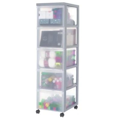 Afbeelding van Iris Ohyama, DC 305 Opbergtoren met wielen, van kunststof, 5 grote laden, grijs, gemakkelijk te openen, opbergkast, schrijfwaren, voor slaapkamer, badkamer, school en kantoor, BPA vrij,