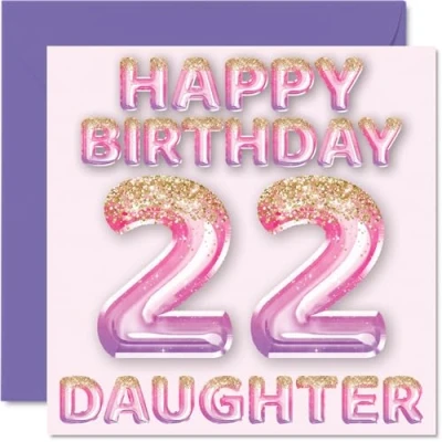 Afbeelding van Verjaardagskaart voor meisjes 22 jaar, roze en paarse glitterballonnen, verjaardagskaarten jarige dochter van mama papa, 145 mm x