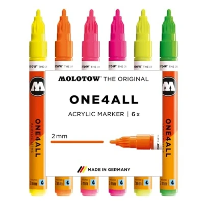 Afbeelding van Molotow ONE4ALL Acrylstiften Set van 6 Neon Fluor tinten Acryl markers 2mm breed hervulbaar alle ondergronden