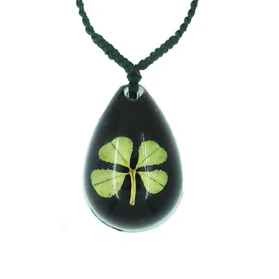 Afbeelding van Zwarte Keltische geluksbrenger klavertjevier hanger ketting met geschenkdoos, Hars, Zonder steen, steen