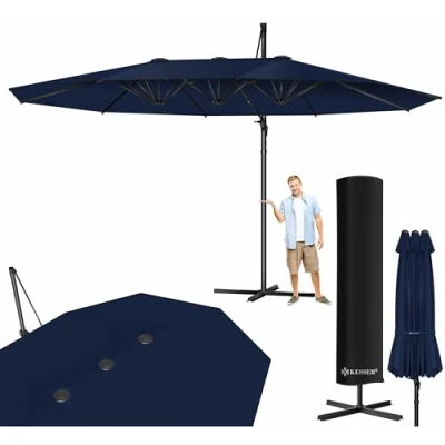 Afbeelding van KESSER® Dubbele parasol met afdekking, windscherm, tuinparasol, marktparasol, terrasparasol zwengel, ovaal, aluminium, uv bestendig, waterdicht, marineblauw, Navy Blauw