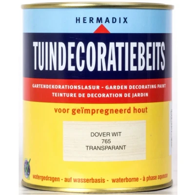 Afbeelding van Hermadix Tuindecoratiebeits Transparant 765 Dover Wit 0,75 liter Tuinbeits