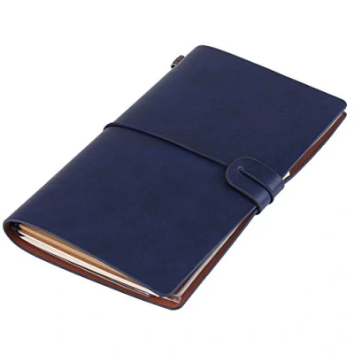 Afbeelding van Klassiek reisdagboek van PU leer, gepersonaliseerd dagboek, oplaadbaar, notepad voor mannen en vrouwen, 5 kleuren optioneel (donkerblauw)