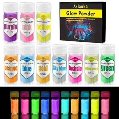Afbeelding van Aslanka zelflichtend fluorescerend poeder, fosforescerend epoxyharskleurstof voor slijm, nagels, hars, verf, acrylverf, knutselen 10 x 20g