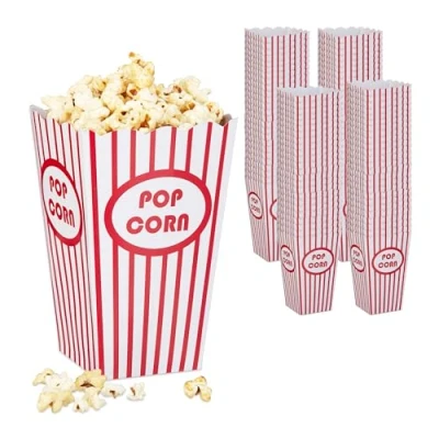 Afbeelding van Relaxdays popcorn bakjes 100 stuks zakjes rood wit herbruikbare bekers