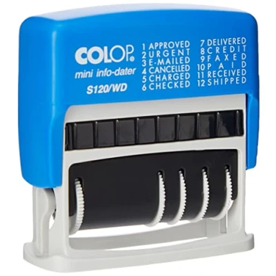 Afbeelding van COLOP S120/WD 105016 4 mm verstelbaar stempelkussen met 12 woorden op kantoor Woord afdrukken in blauw en datum rood